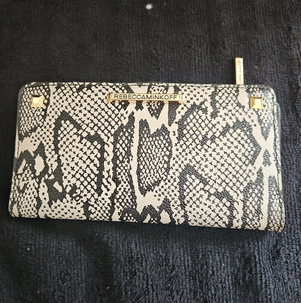 Rebecca Minkoff Black and White Snake-Print Zip Wallet with Gold Hardware